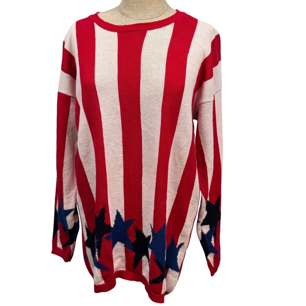 VTG 90 America Perry Ellis Sweater Women M‎ Red White Blue Star Stripe Patriotic